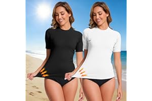 2 Pack Women UPF 50+ Rash Guard Sun Protection Swim Shirt Quick Dry Swimsuit Short Sleeve Black White