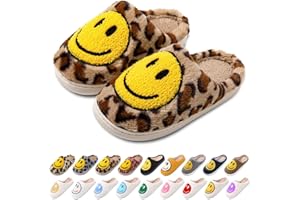 AIMINUO Women's Men's Retro Preppy Happy Face Slippers Comfy Warm Plush Slip-On House Slipper for Winter Indoor Soft Cushion Non-slip Fluffy Slides Slippers