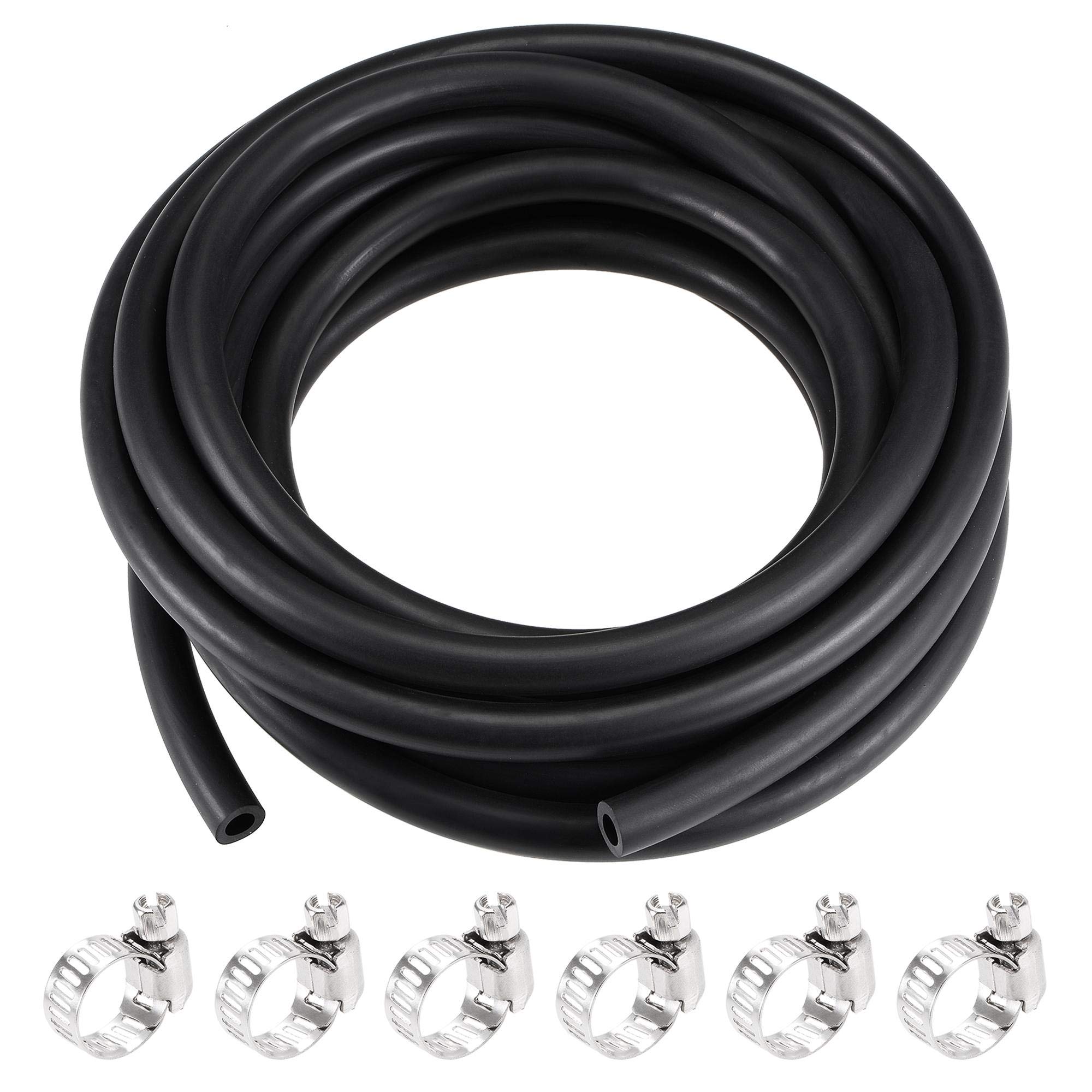 sourcing map Lubricating Oil Hose 6mm(1/4") ID 10mm OD 16ft Rubber Water Hose Black, 6 Clamps