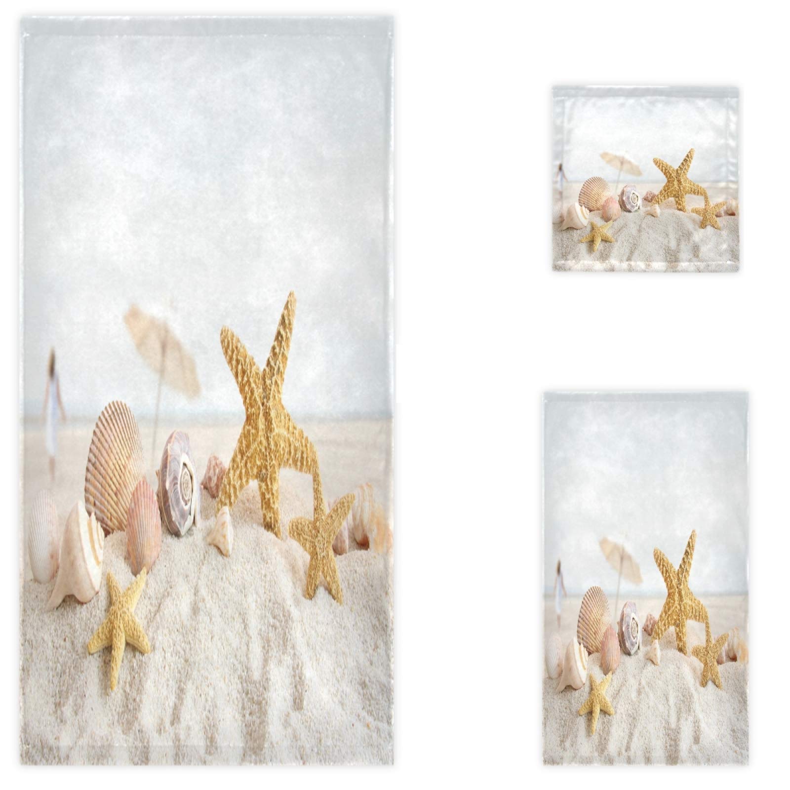 Naanle 3D Starfish and Seashells on Sand Beach Soft Decorative Set of 3 Towels, 1 Bath Towel+1 Hand Towel+1 Washcloth, Multipurpose for Bathroom, Hotel, Gym, Spa and Beach