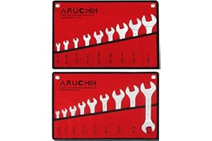 ARUCMIN Super-Thin Open End Wrench Set, 18-Piece SAE & Metric 1/4" to 1-1/16" and 5.5mm to 27mm Chrome Vanadium Steel Wrench Set with Rolling Pouch