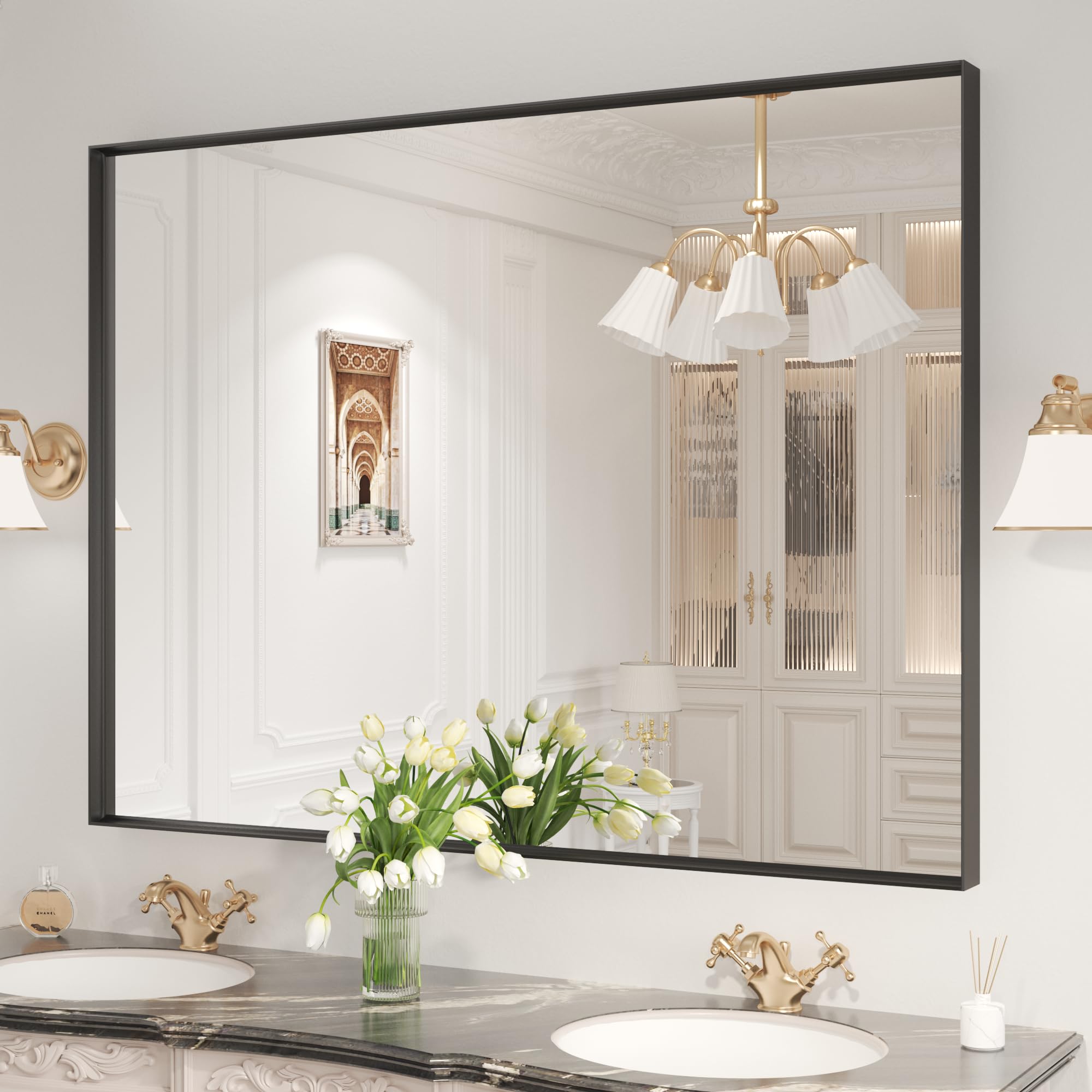 Photo 1 of LOAAO Black Bathroom Mirror 48"X40" for Wall, Rectangle Bathroom Vanity Mirror, Tempered Glass, Hangs Vertically or Horizontally, Easy to Install, Modern Design