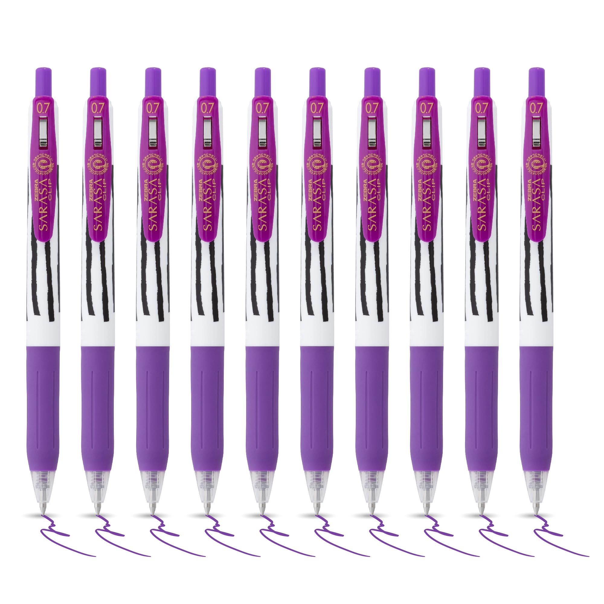 Zebra Pen SARASA CLIP Stripes Gel Pens 10pk - Retractable Coloured Pens with Medium 0.7mm Nib, Smudge Proof, Rapid Dry Ink With Comfort Grip and Push Clip, Water Resistant, Gel Pens Purple Multipack