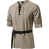 JEMITOP Men's Renaissance Pure Cotton Lace Up Shirt V-Neck Long Sleeve Retro Costume for Medieval Pirate Viking Without Belt
