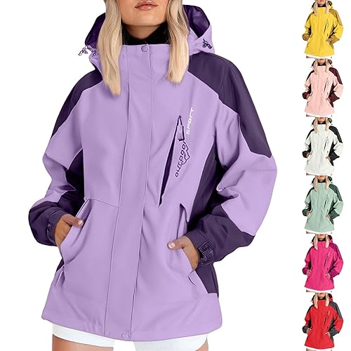 Waterproof Jacket Womens, Lightweight Waterproof Jacket Rain Coats for Women Hooded Zip up Softshell Windbreaker with Pockets Packable Outdoor Raincoat XL