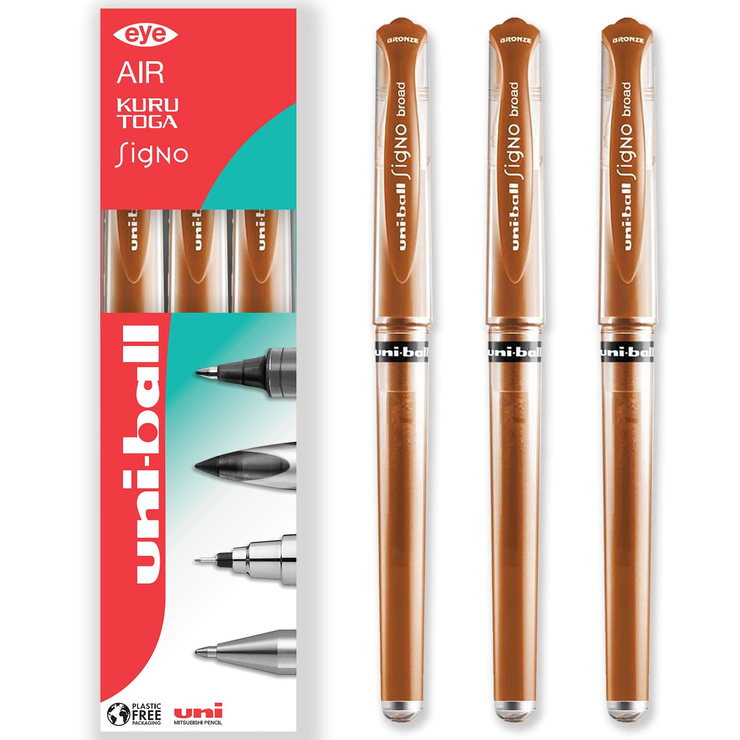uni-ball Signo Pen - UM-153 Broad Metallic Gel Ink Rollerball - Metal 1.0mm Tip Nib - Rubber Grip - In Gift Box (Pack of 3, Bronze)