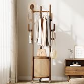 Yoobure Solid Wood Coat Rack - Rolling Clothes Rack with Rattan Basket | 100% FAS Rubberwood, Storage Basket with Lid, Lockable Wheels, 9 Hooks &amp; Hanging Rods, Coat Tree Freestanding for Hallway
