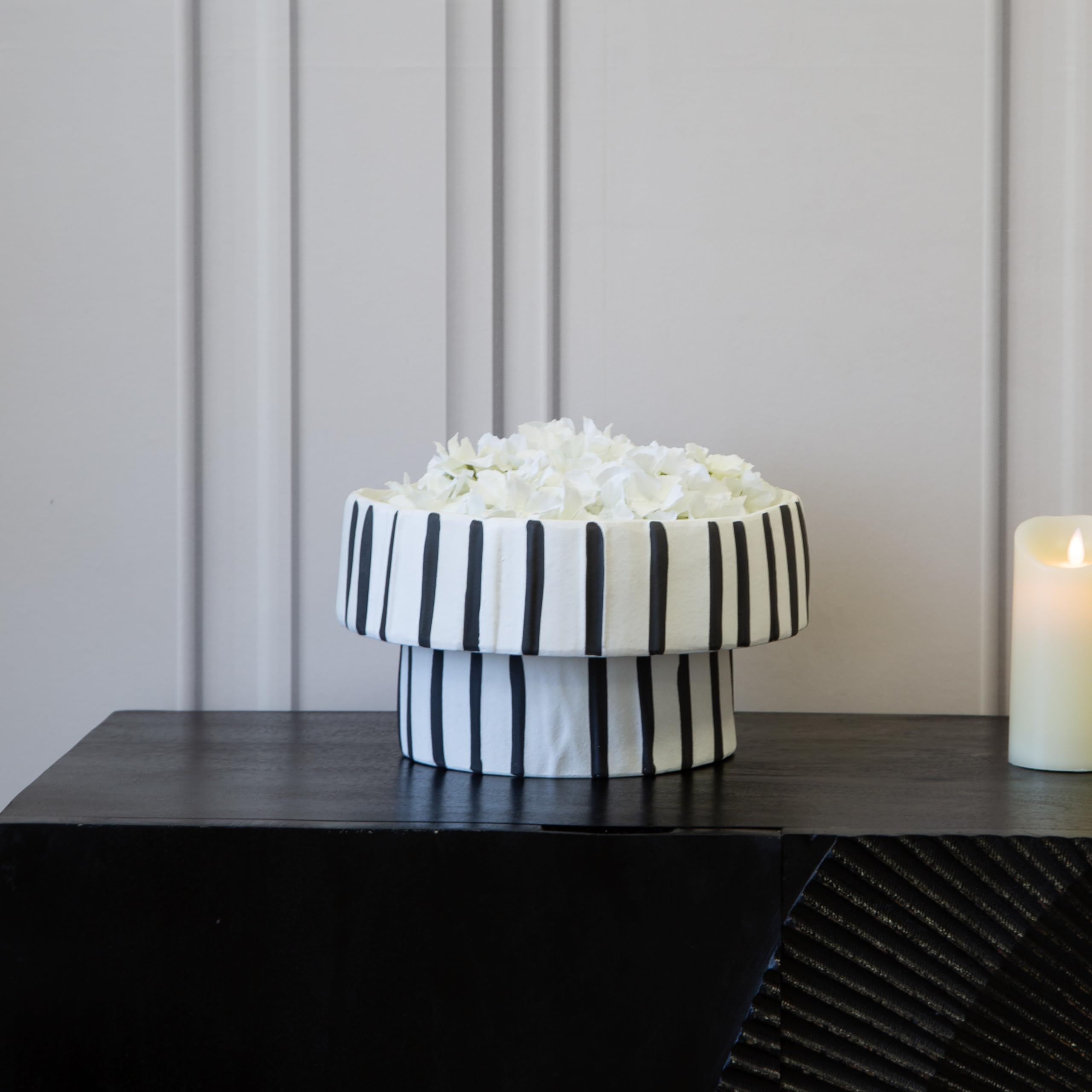 Medium Ceramic Hand Painted White & Black Stripe Moss Bowl Vase Home Decor Home Interiors