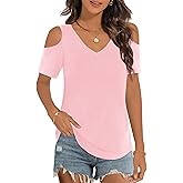 Elesomo Womens V Neck Cold Shoulder Tops Short/Long Sleeve Summer T Shirts Basic Tees