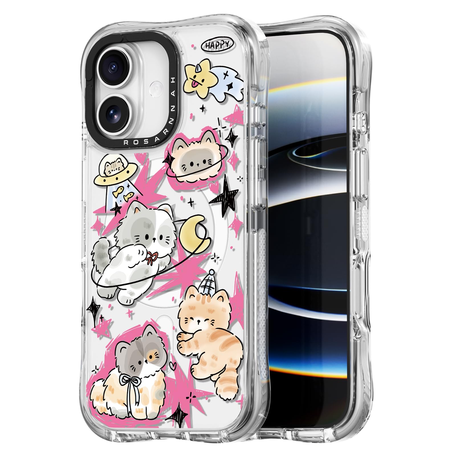 Rosarnnah for iPhone 17 Case Cute - Compatible with Magsafe - Military-Grade 20 ft Drop Protection Shockproof Phone Case - Funny Space Kitty Cat Design (6.3") Glitter Clear