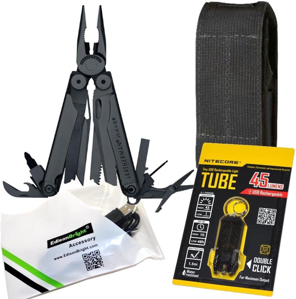EdisonBright Leatherman Wave black multi-tool 830246, Black Molle sheath, Nitecore TUBE (black) rechargeable USB LED keychain light with USB cable bundle