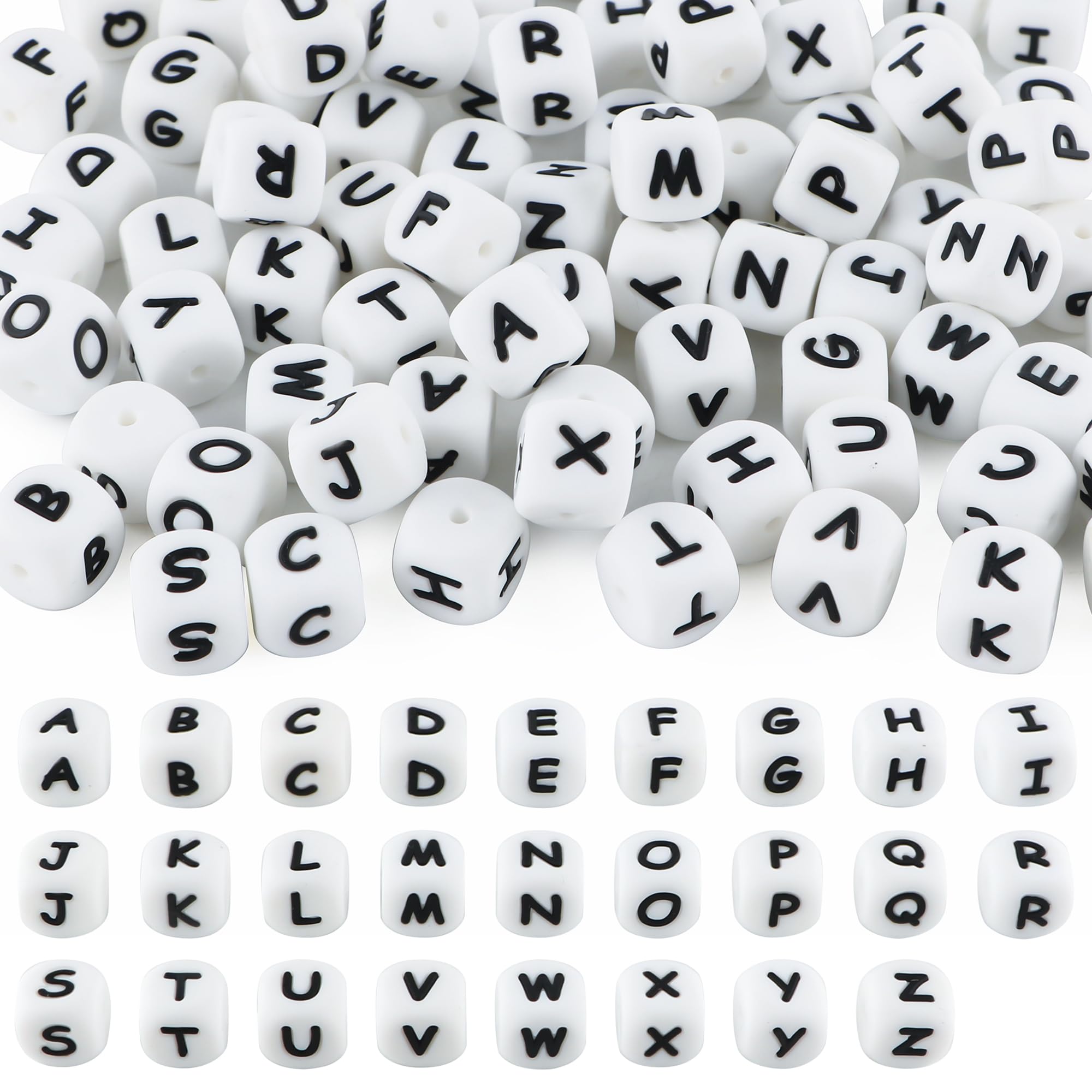 Photo 1 of Kovict 78Pcs 12mm Letter Silicone Beads for Keychain Making, White Alphabet Square Silicone Letter Beads for Bracelets Necklace Pens DIY Decoration