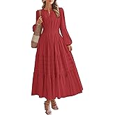BTFBM Spring Dresses for Women 2026 Casual Long Sleeve V Neck Elastic Waist Lightweight Maxi Wedding Guest Dress Pockets