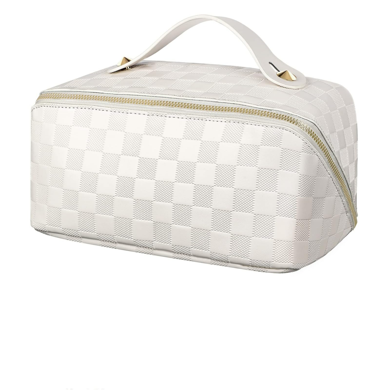 Hurluksi Makeup Bag, PU Travel Cosmetic Bag Large Capacity Cosmetic Case Portable Zipper Toiletry Bag with Dividers and Handle for Women Girls (White)