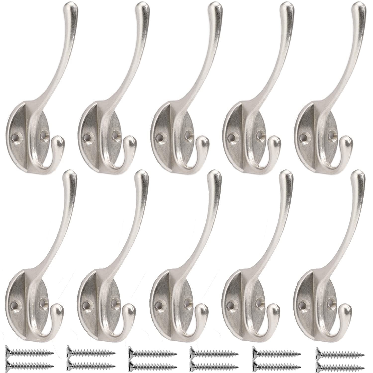 Bosdontek 10 Pack Coat Hooks Wall Mounted, Heavy Duty Coat Hanger Hooks, Matte Silver Clothes Hooks for Wall Hanging, Decorative Robe Clothes Hooks Metal Coat Hooks Hardware for Wall Door & Wardrobe