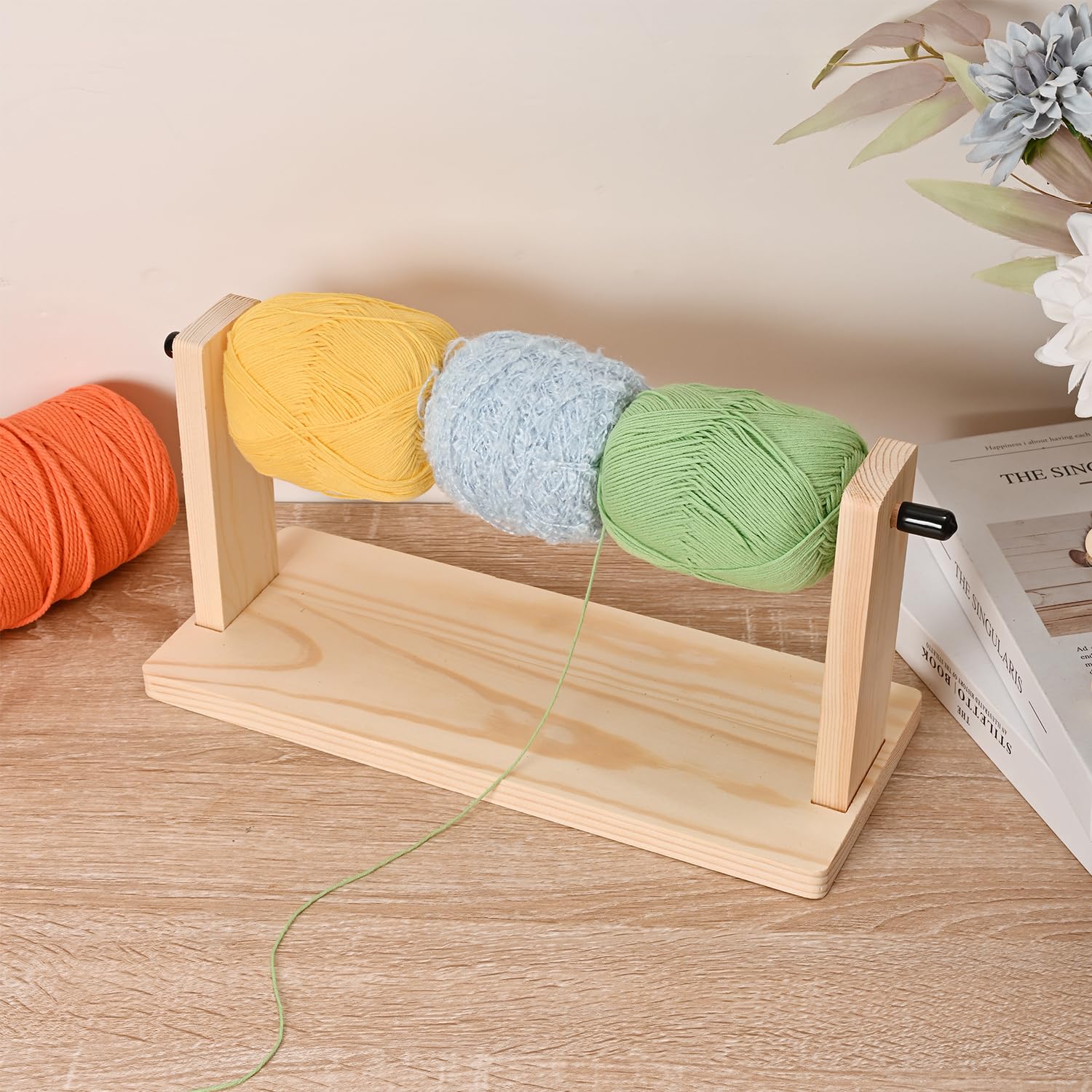 Donmills Wooden Crochet Yarn Holder, Single Revolving Yarn Storage for Crochet Yarn Ball Knitting & Crochet Supplies, Horizontal Wood Yarn Ball Holder Ribbon Holder Organizer Rack