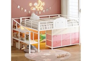 VIAGDO Low Loft Bed Full Size with 9 Storage Drawers and LED Lights, Metal Full Size Loft Bed with Stairway Shelf Storage, Low Loft Bed with Safety Guardrail and Under-Bed Hideaway for Kids, White