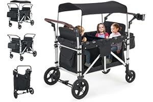 WANAN Stroller Wagon for 4 Kids, Wagon Cart Featuring 4 High Seat with 5-Point Harnesses and Adjustable Canopy, Foldable Double Push Bar Wagon Stroller for Garden, Stroller, Camping (Black-G)