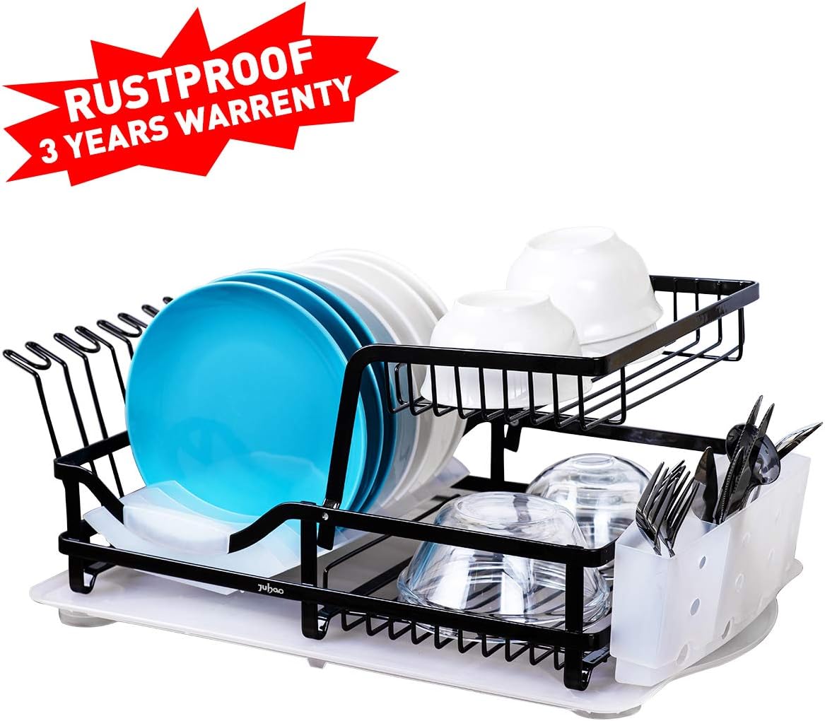 2-Tier Dish Rack, Dish Drying Rack with Utensil Holder and Drain Board Wine Glass Holder Easy-Storage Rustproof Kitchen Counter Dish Drainer Rack Organizer