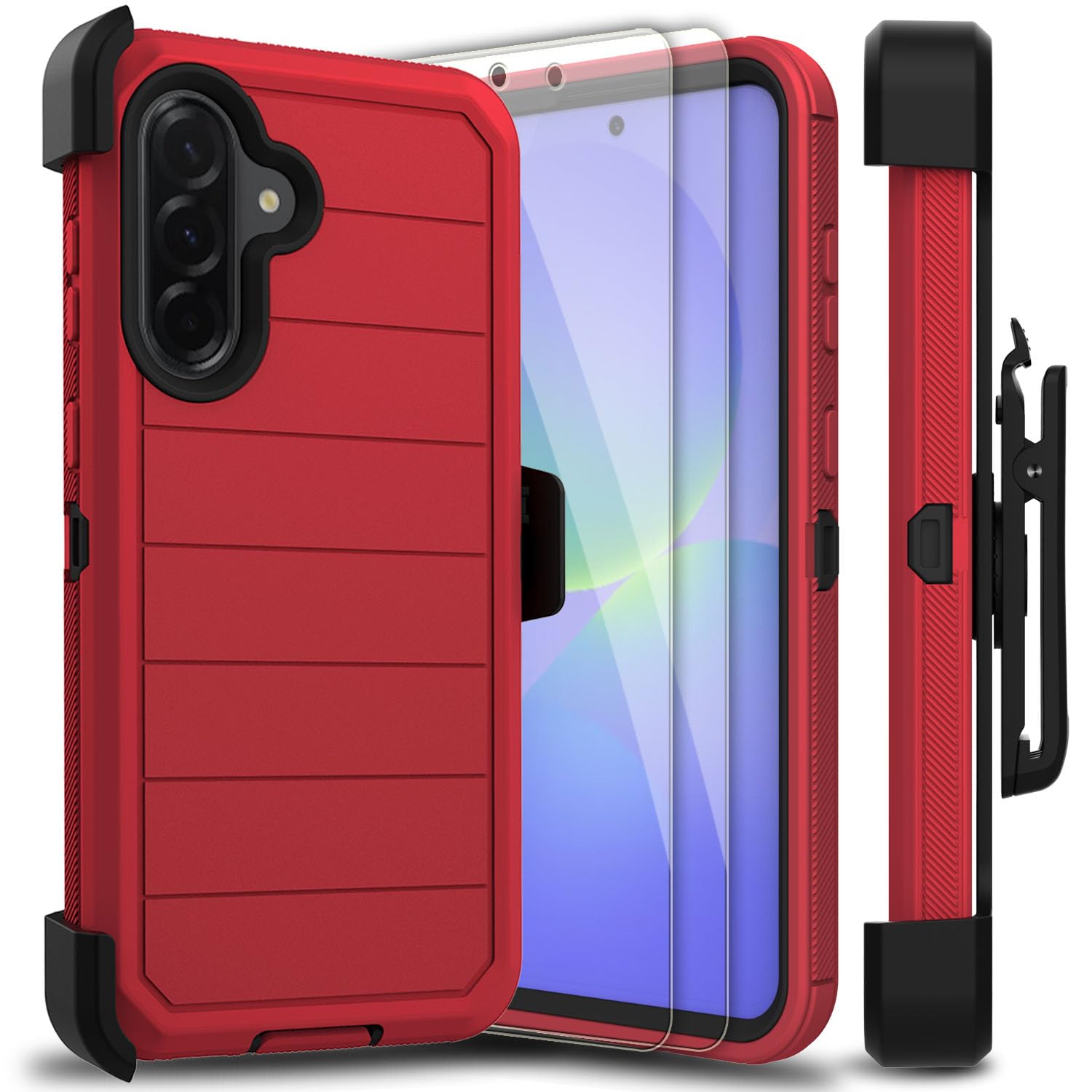 Leptech for Samsung Galaxy A36 5G Case with 2 Pack Tempered Glass Screen Protector, [Holster Series] Kickstand Belt Clip Military Grade Shockproof Protective Phone Cover Case (Red/Black)