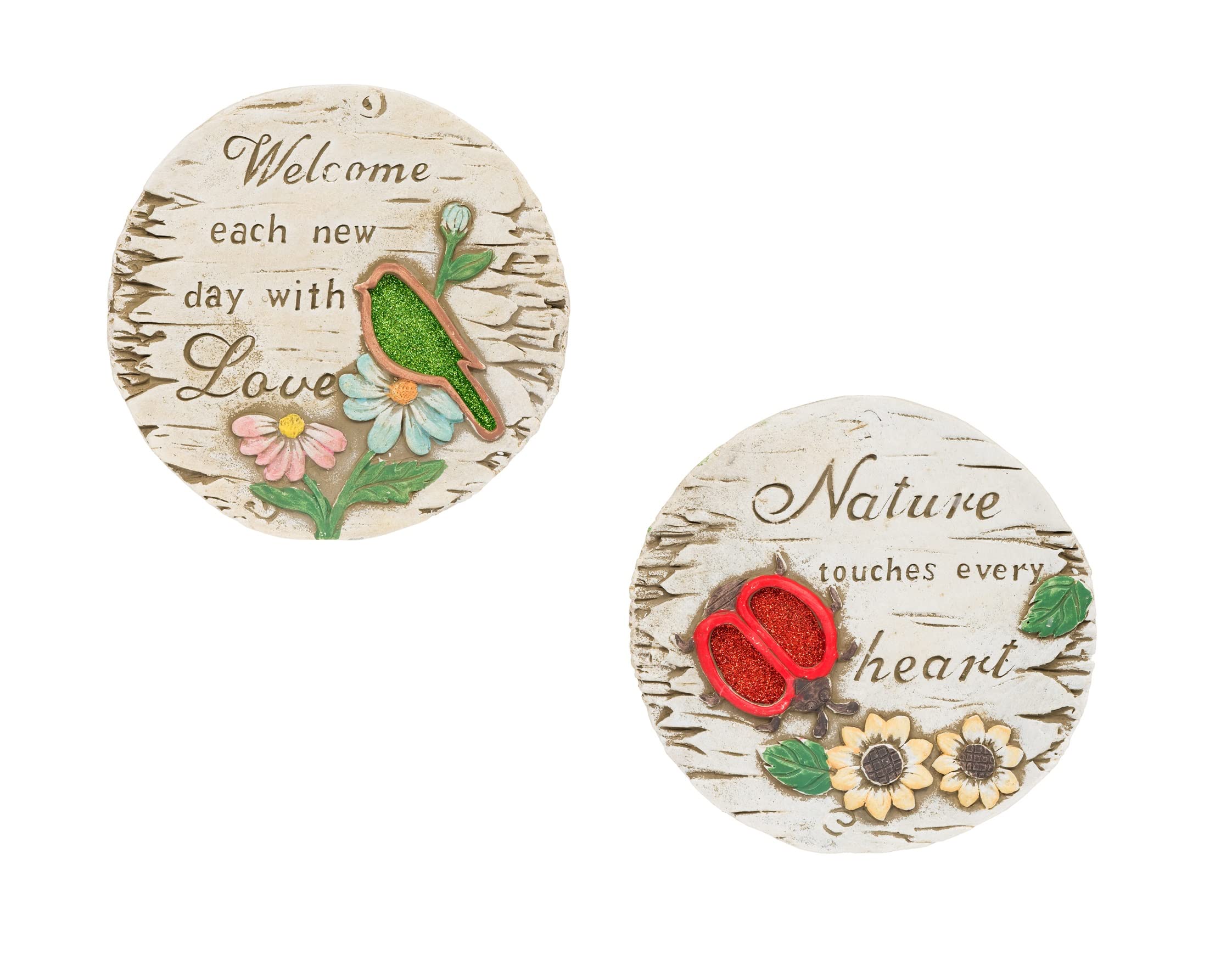 Invero Set of 2 Decorative Bird and Bee Garden Stepping Stone - Vibrant Outdoor Concrete Circular Floor or Wall Plaque Décor - Ideal for all Gardens, Patio, Lawn, Driveways and more - 17.5cm