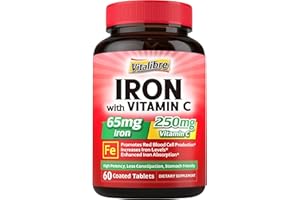 VITALIBRE Iron Supplement, 65mg Carbonyl Iron with 250mg Vitamin C, Stomach Friendly Iron Pills for Blood Building Women & Men, High Absorption, No Nausea, No Constipation, Non-GMO, No Gluten, 60 Vegan Tabs
