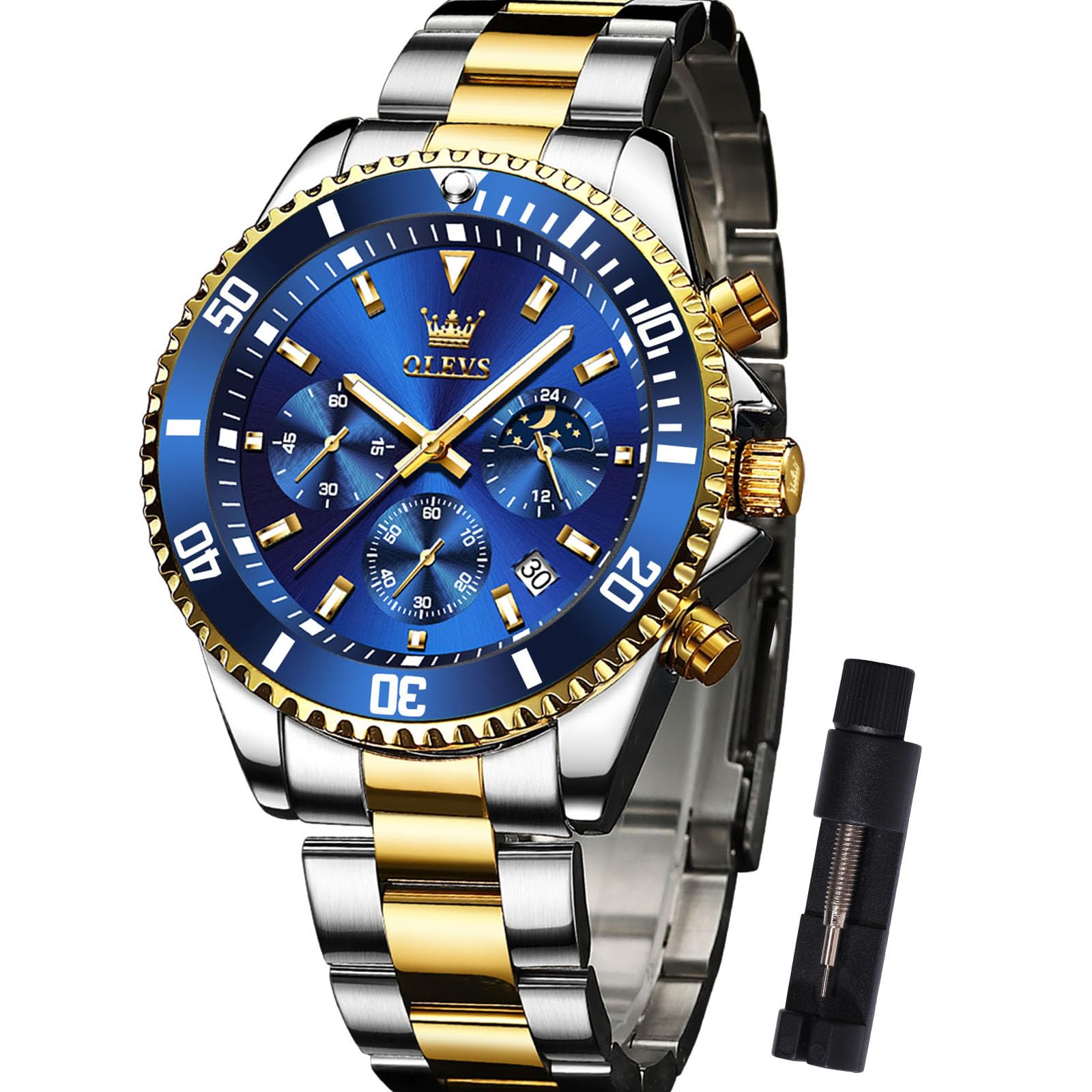 OLEVS Stainless Steel Watches Men's Waterproof Luminous Modern Large Men's Watches Metal Strap Analogue Dress Wrist Watch Men with Date Display