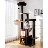 Wood Cat Tree for Indoor Cats, Modern Cat Tower with Sisal Scratching Posts | 63 inch Tall Wooden Cat Tree Furniture with Hammock, Anti-Tip Base, Heavy Duty Platforms for Cats up to 15 lbs, Walnut Finish