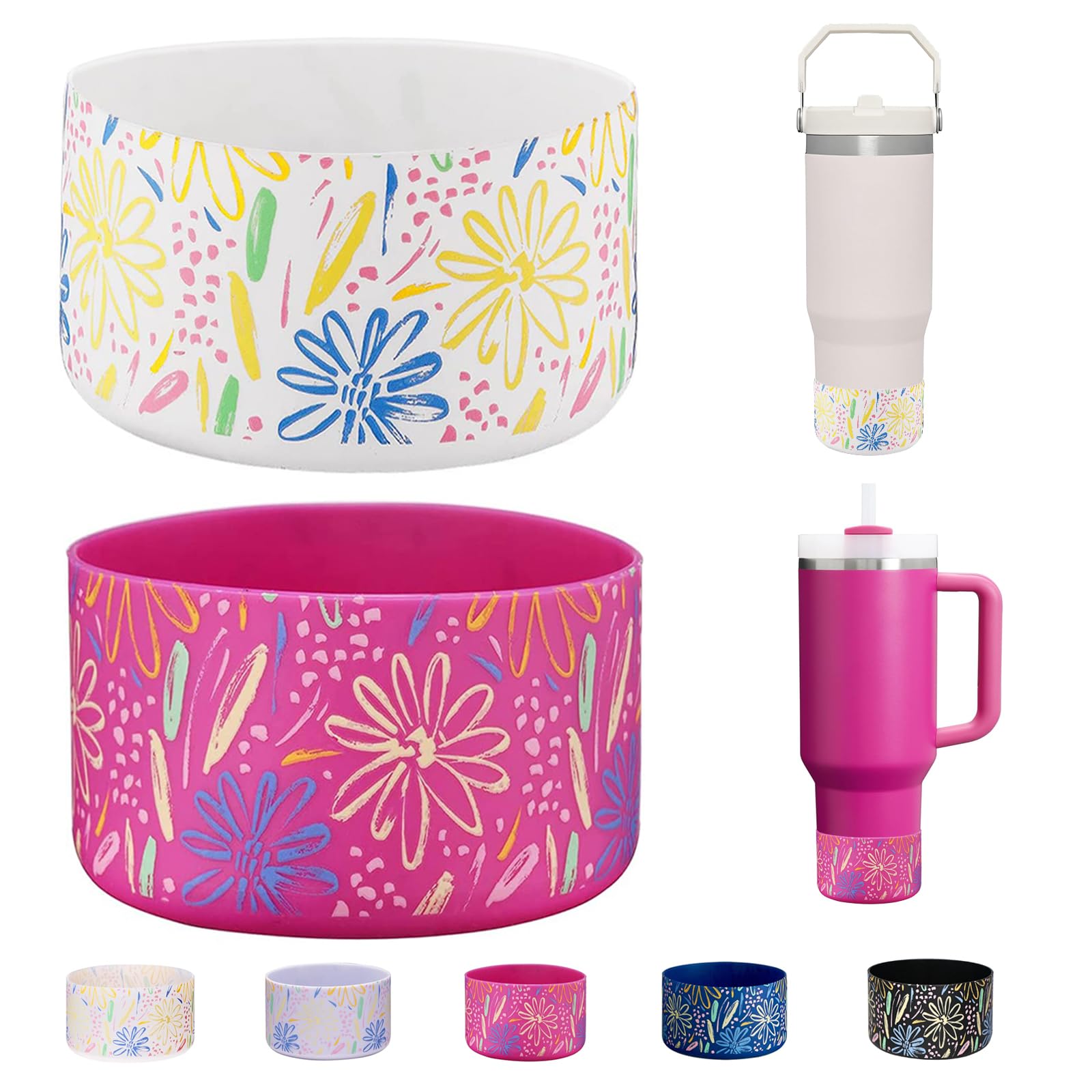 WK IEASON 2 Pcs Tumbler Bottom Protector Boot for Stanley Quencher Adventure 40oz & Stanley IceFlow 20oz 30oz and Compatible with Hydro Flask Water Bottle 12oz 21oz 24oz(White/Carnation Flower) — image 1