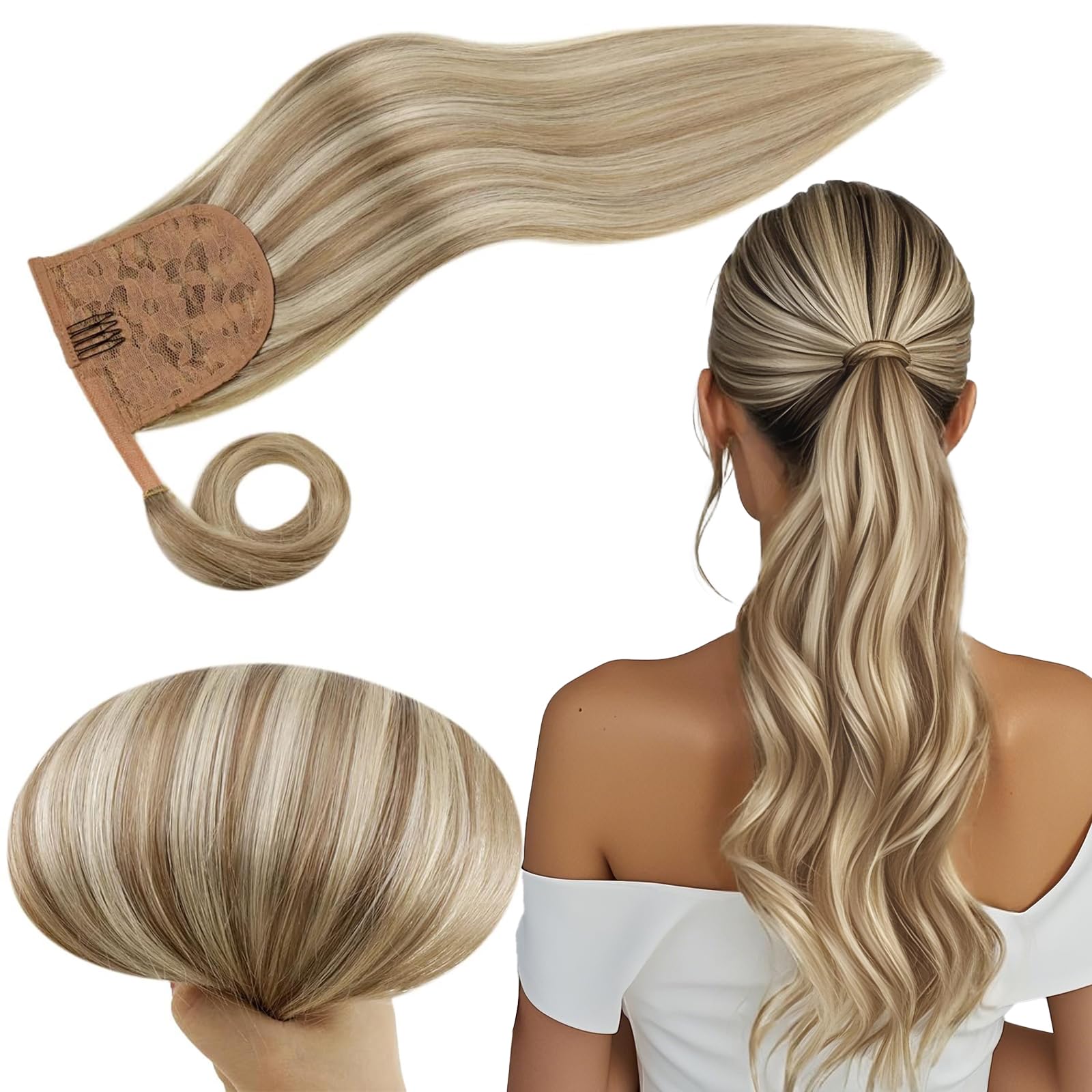 Real Hair Ponytail Extension Blonde Highlight Brown Human Hair Ponytail Extensions Blonde Ponytail Hair Extensions Real Human Hair 20 Inch 80 Gram — image 1