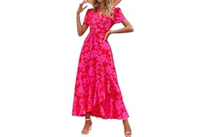 PRETTYGARDEN Women's Summer Wrap Maxi Dress Casual Boho Floral V Neck Short Sleeve Ruffle Hem Split Beach Long Dresses
