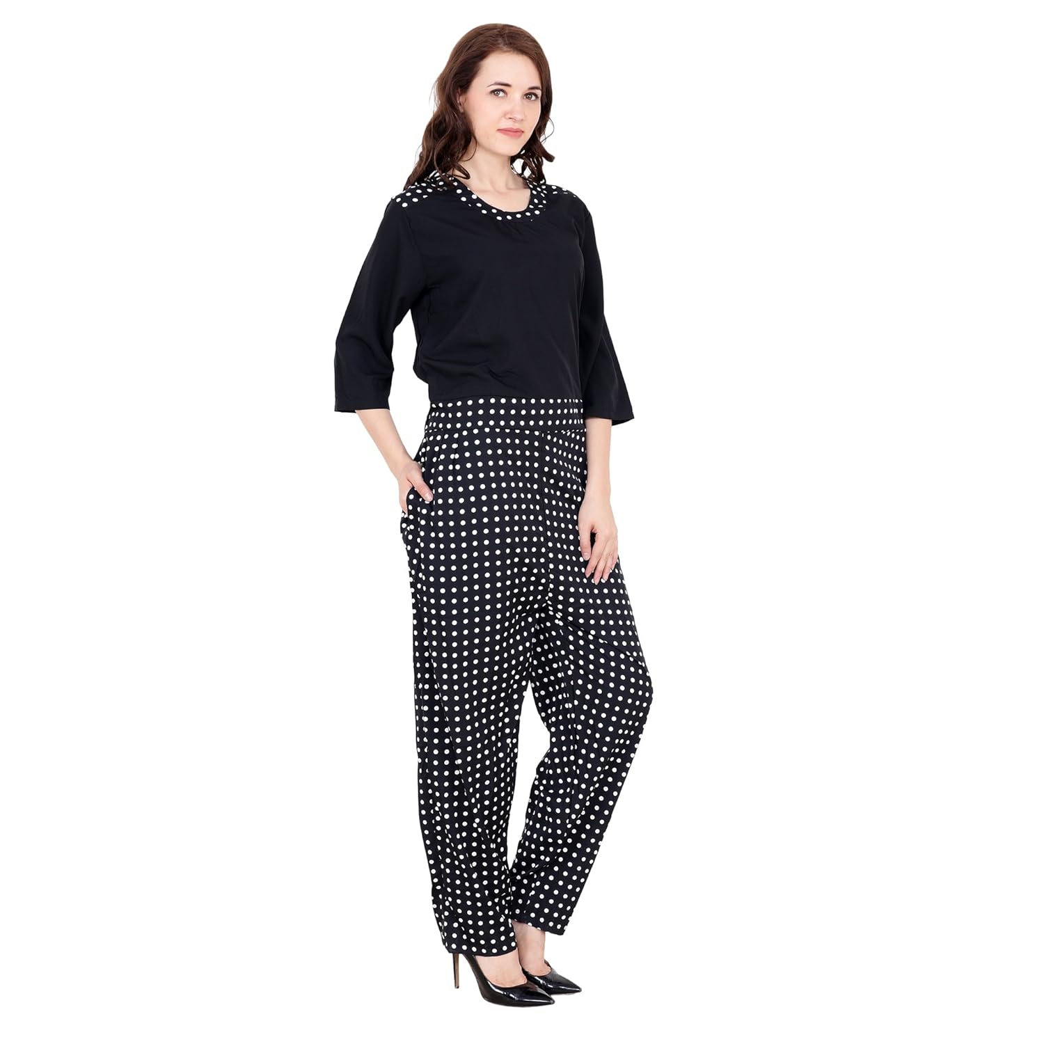 my swag women's crepe round neck dot print jumpsuit
