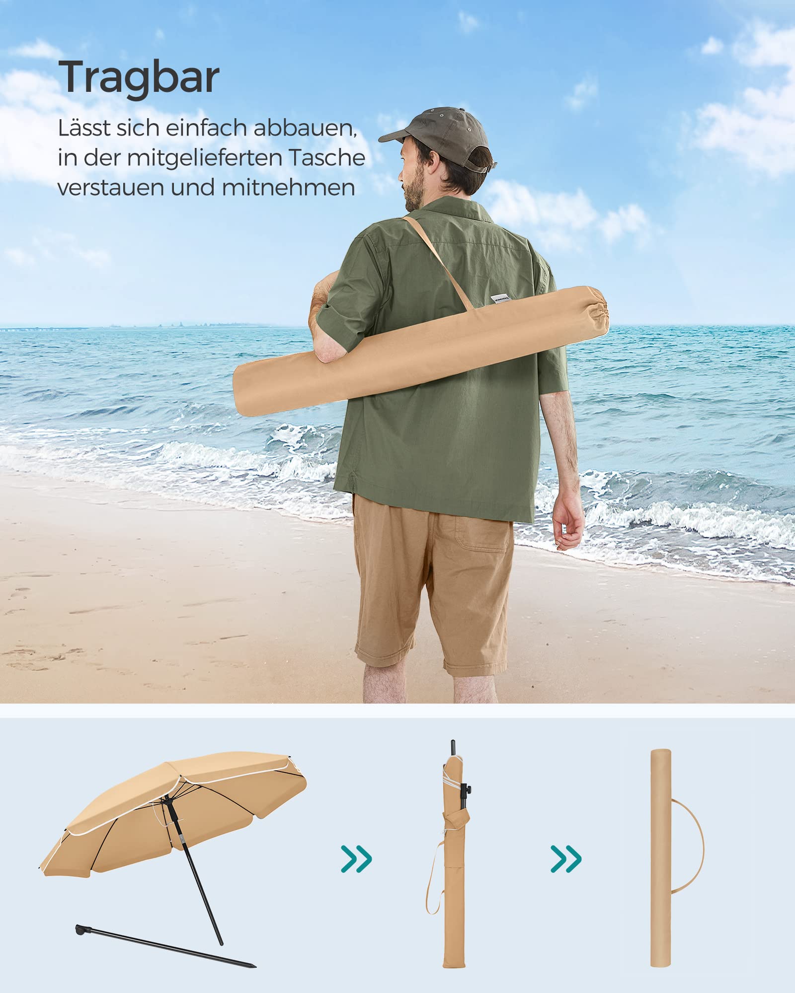 SONGMICS Sonnenschirm, 160 cm, Sonnenschutz UPF 50+, um 30° in 2 Richtungen neigbar, höhenverstellbar, mit Tragetasche, für Balkon, Garten, Terrasse, Strand, ohne Sockel, Taupe GPU60BR 8