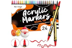 Huvoago 24 Colors Acrylic Paint Pens, Dual Tip Paint Markers With Dot Tip and Brush Tip for Rock Painting, Ceramic, Wood, Plastic, Glass, Art Supplies Permanent Markers Pens for Kids, Adults