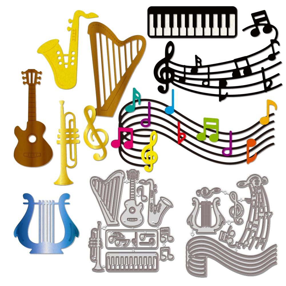 WADORN 2Pcs Metal Music Note Die Cuts for Card Making, Mixed Musical Instruments Theme Cutting Dies Cut Stencils Musical Guitar Embossing Stencil for Card Making DIY Scrapbooking Photo Album