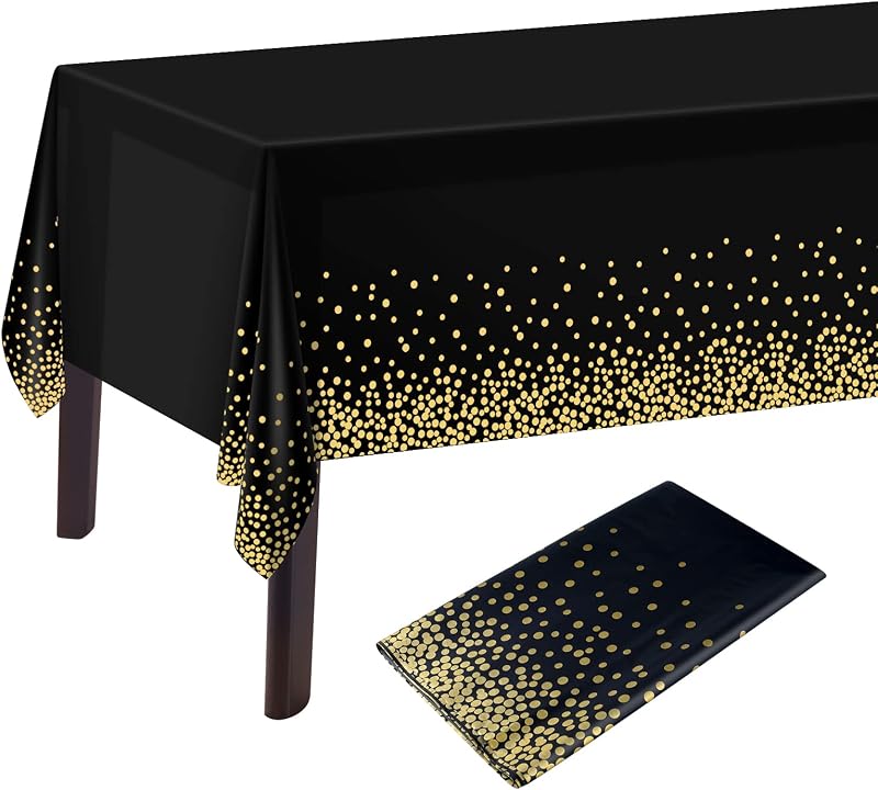PLULON Black Gold Dot Tablecloth 2 Pack 137 x 274 cm Plastic Rectangle