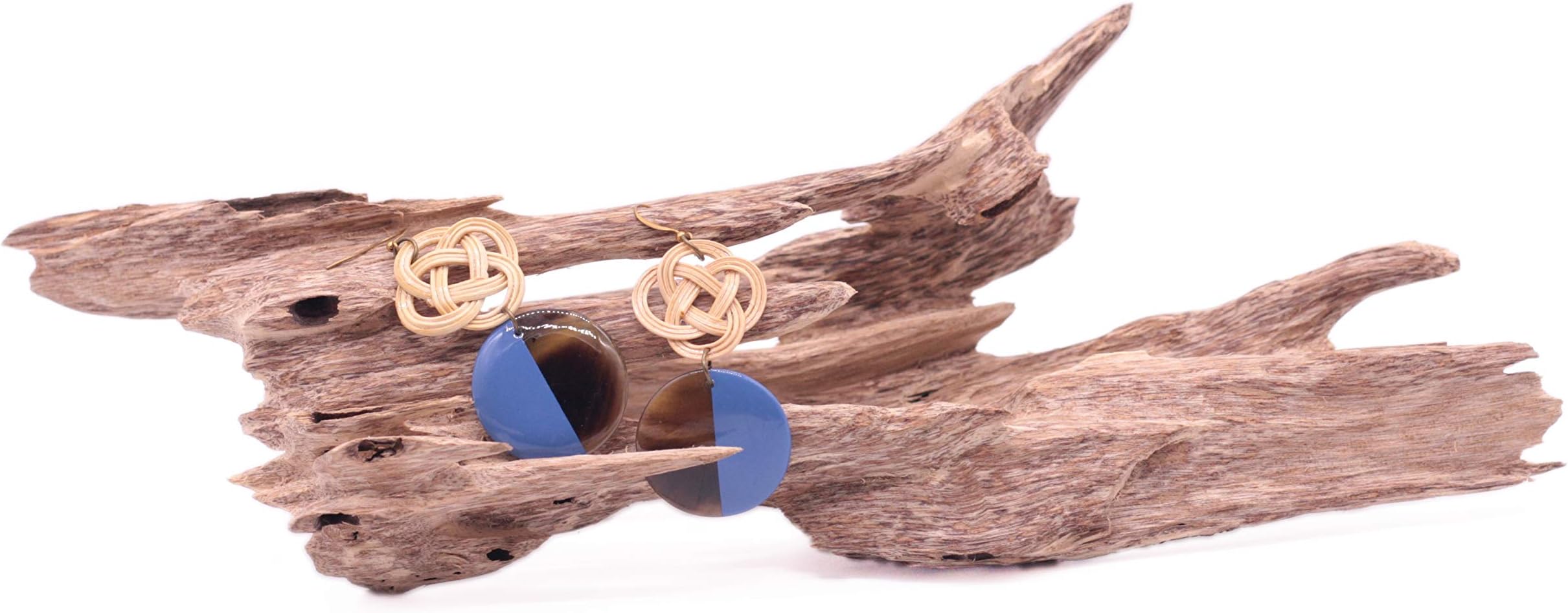 Boho Earrings For Women - Handmade Lightweight Horn & Rattan Earrings – Bohemian Earrings - Unique Wooden Woven Wicker Dangling Trendy Earrings For Women - Flower Pattern - Blue Lacquer
