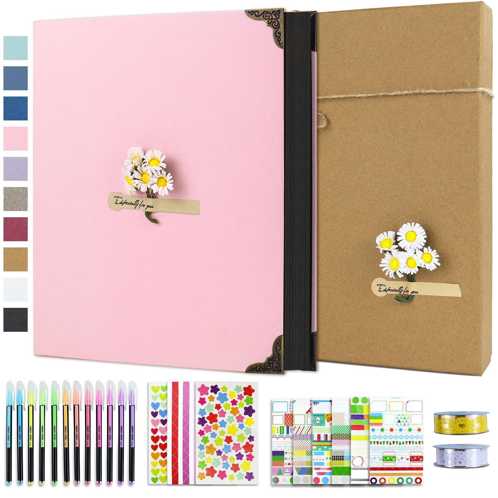 Vienrose Photo Album Scrapbook 60 Pages Hardcover 8.5 x 11 Inch with DIY Scrapbooking Kit 3 Rings Black Paper Scrapbook for Lover Friends Kids Anniversary Wedding Gift