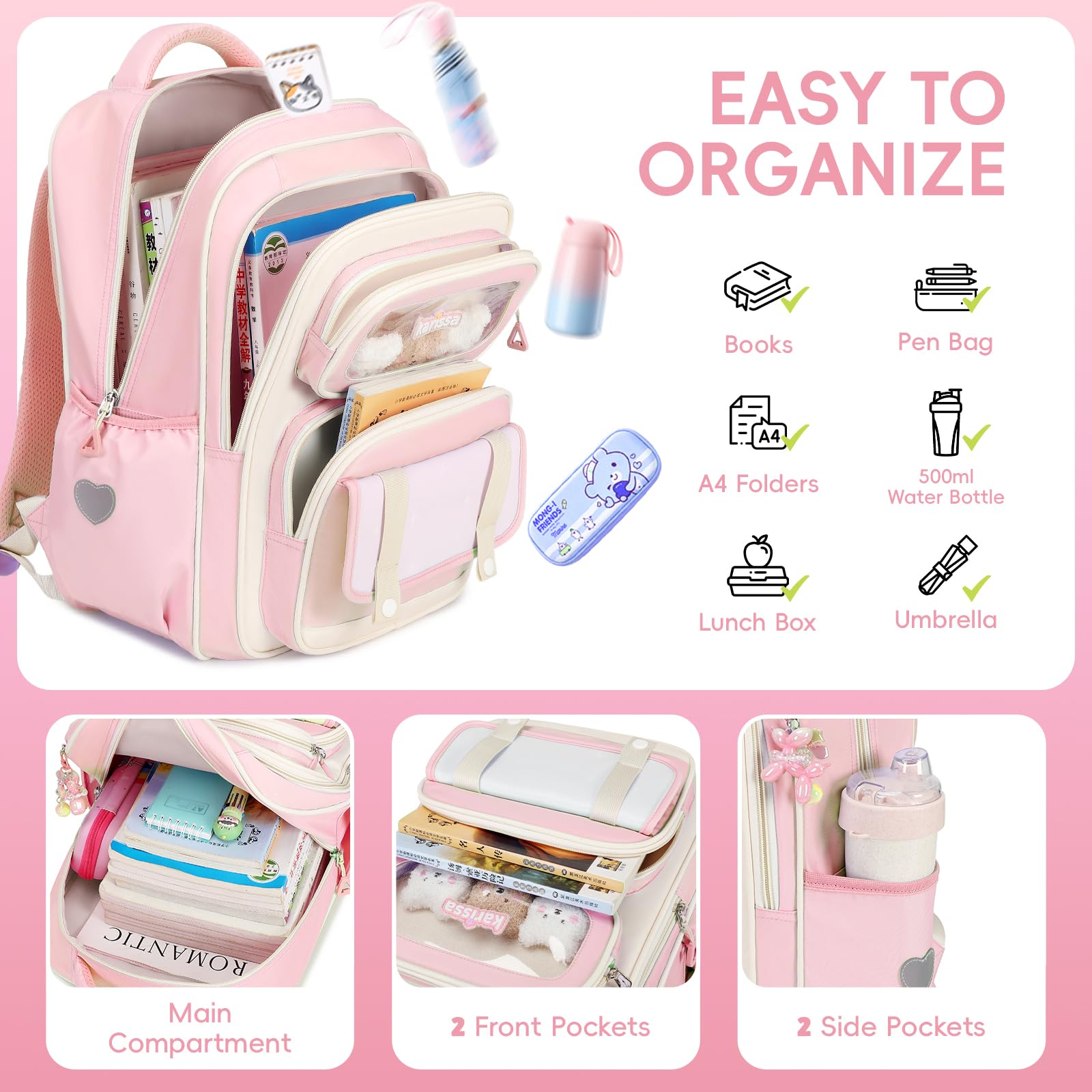 Tanou Schultasche Mädchen Rucksack Kinder Ergonomic Schulrucksack Kinderrucksack der 1. bis 5. Klasse Lässiger Ranzen Teenager für die Schule Reisen, 20 Liter, Rosa 3
