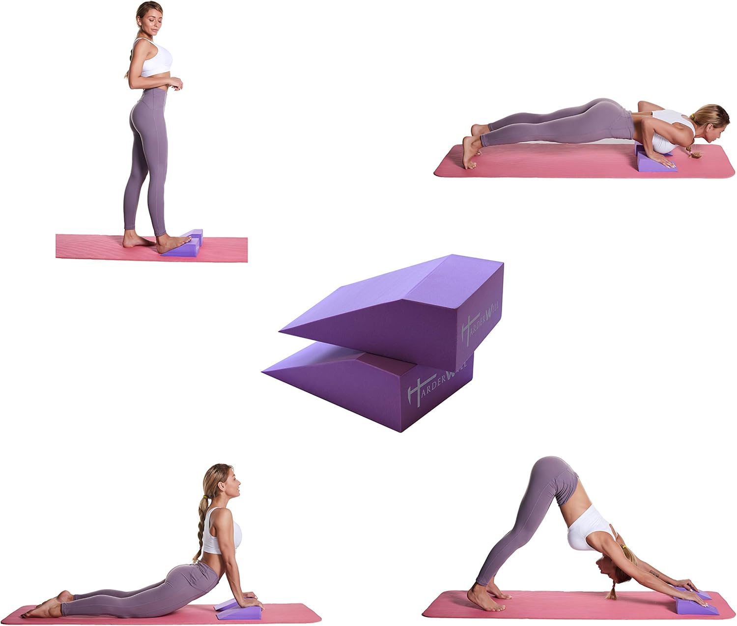 HarderWill 3 in 1 Yoga Foam Wedge Blocks (Pair), Calf Raise Block, Yoga Strap Set, Calf Stretcher, Yoga Wrist Support, Balance, Pushup, Fitness, Pilates, Heel Stretcher, Squat Wedge with Gym Bag : Sports & Outdoors