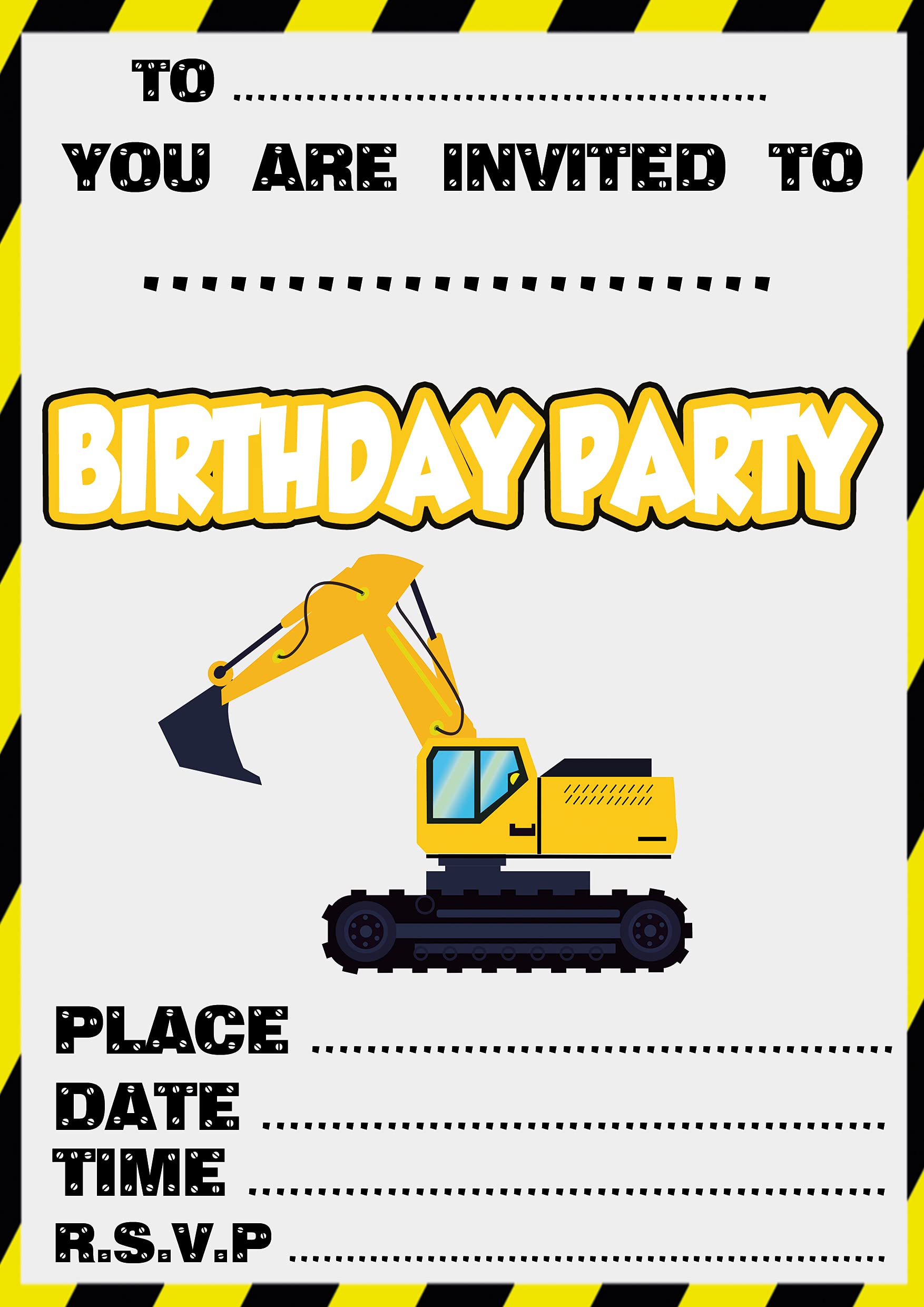 AK Giftshop Digger Construction Party Invites & Coloured Envelopes Birthday Invitations (20 Pack)
