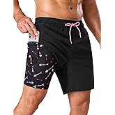 SILKWORLD Mens Swim Trunks with Compression Liner 2 in 1 Quick Dry Bathing Suit 7 Inch Swim Shorts with Zipper Pockets