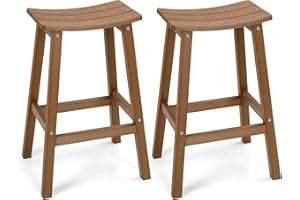 LAHAAP Weatherproof Bar Stools Set of 2, 28" Height Outdoor Bar Stools Holds up to 400 lbs, Saddle Seat, Bar Height Stools for Patio, Garden, and Kitchen Island, Teak