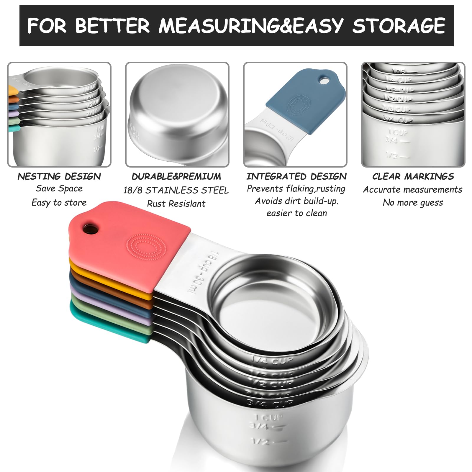 Magnetic Measuring Cups and Spoons Set of 16 Including 7 Stainless Steel Stackable Magnetic Measuring Cup 8 Magnetic Measuring Spoon with Leveler for Measuring Dry Liquid Ingredient