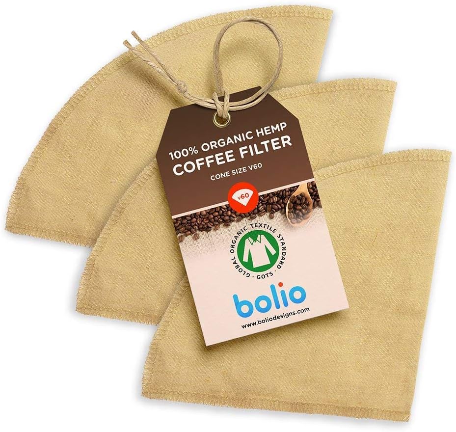 Organic Hemp Cone Coffee Filter 3 Pack Reusable & Making Smooth, Natural Tasting Pour Over Coffee - Eco-Friendly Bacteria Resistant Material Suit with Bolio, Chemex Coffee Gator Carafe(V60-No 2 Style)
