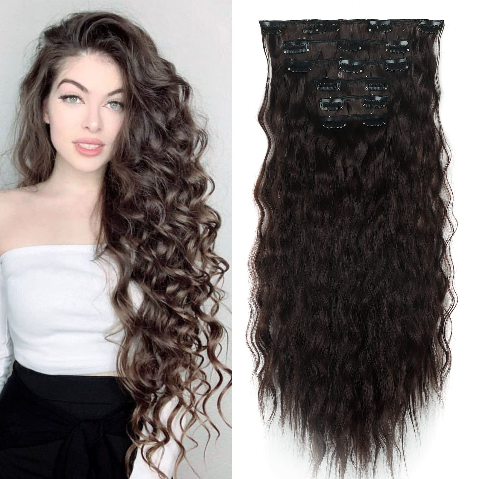 Gairyan Clip in Hair Extensions Curly Wavy Long Hair Pieces 6PCS Full Head Synthetic Hair Extension Thick Natural Look for Women, 20 Inches 140g, Medium Brown