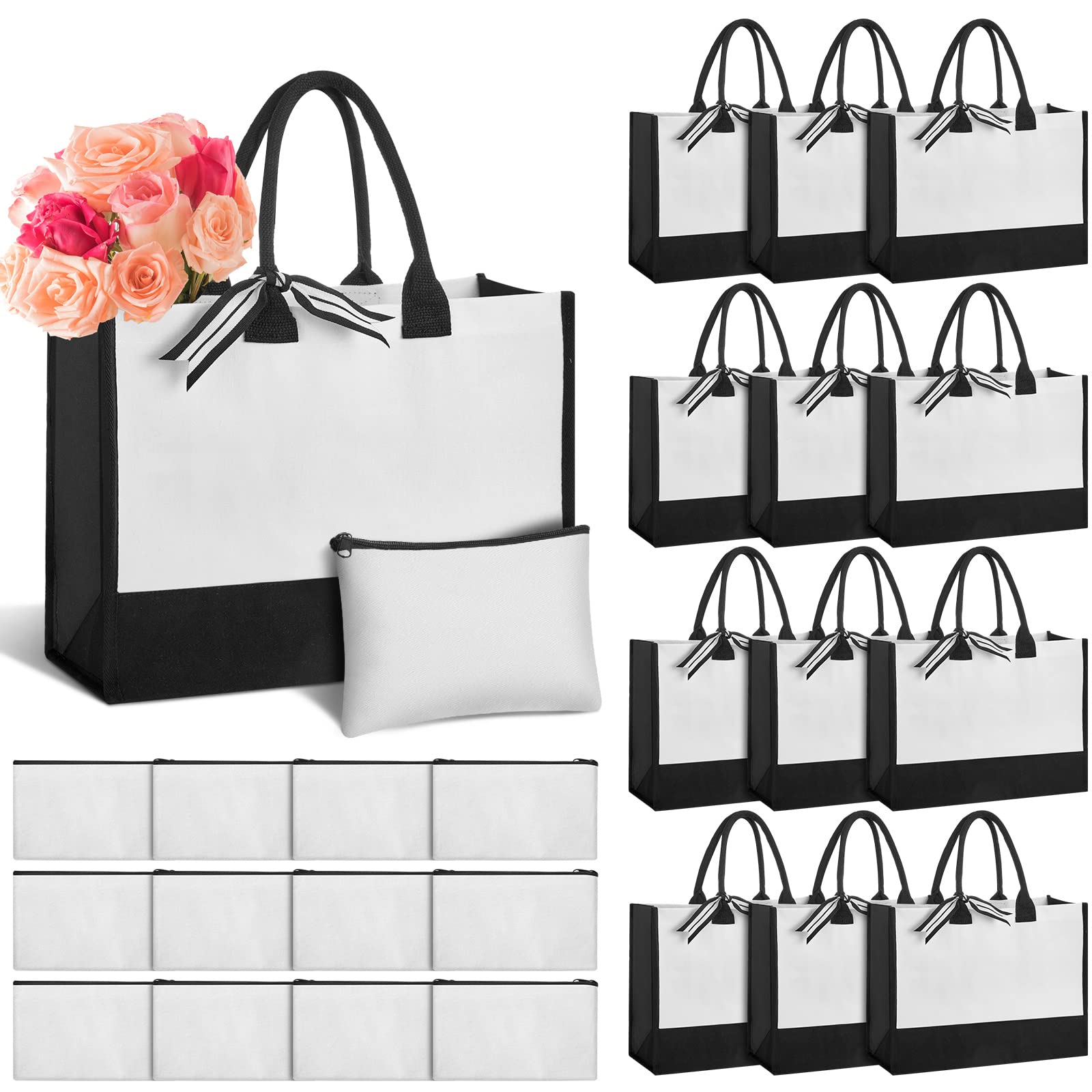 Photo 1 of Yahenda 24 Pcs Beach Canvas Tote Bag with Canvas Set Blank Initial Makeup Reusable Gift Bags for Women Personalized Kitchen Grocery for Gift DIY Travel Shopping Bridesmaid Bride Wedding, Black White
