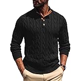 Askdeer Men's Cable Knit Pullover Sweater Stand Collar Button Classic Casual Sweaters Henley Knitted Pullover