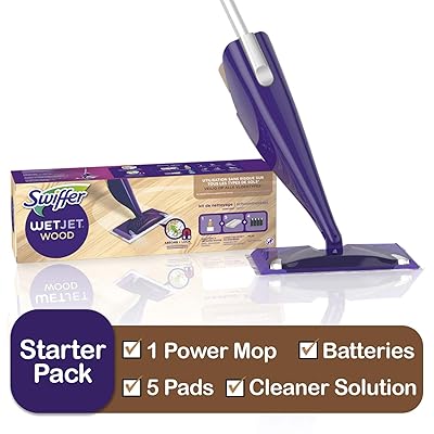 Swiffer WetJet Wood Floor Mopping and Cleaning Starter Kit, All Purpose Floor Cleaning Products, Includes: 1 Mop, 5 Pads, 1 Cleaning Solution, Batteries