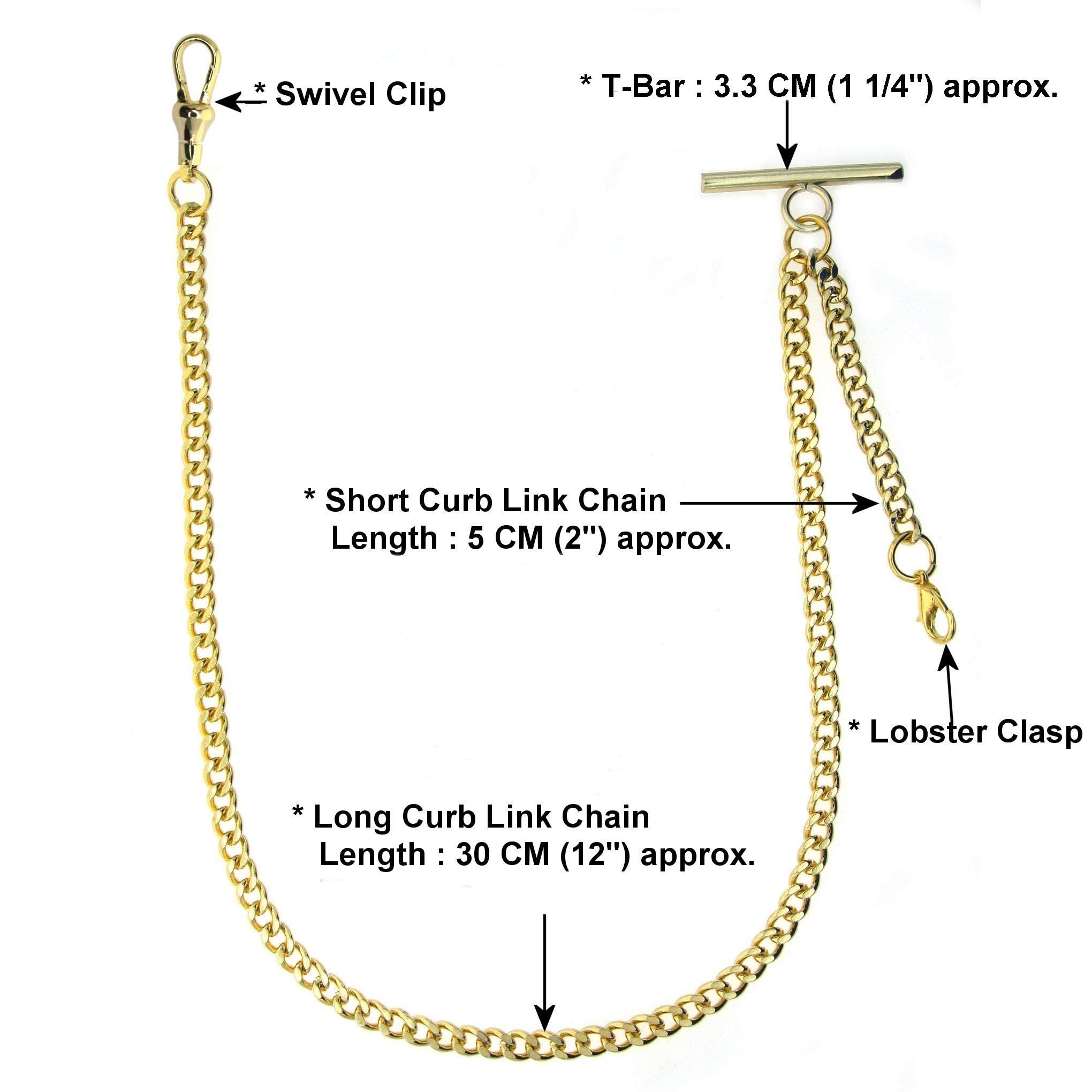 watchvshop Albert Chain Gold Tone Pocket Watch Chain Vest Chain for Men with Fob Drop T Bar Swivel Clasp Lobster Claw Clasp AC33A